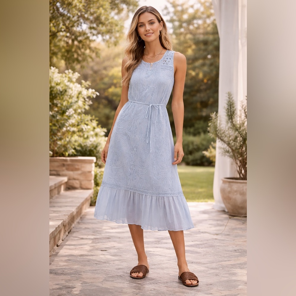 Chelsea & Theodore Blue Embroidered Lace Dress Sleeveless Tie Waist Size M NWT